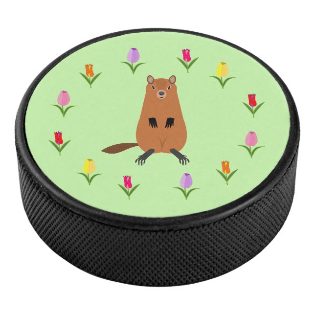 Niedliche Groundhog- und Tulip-Blume Eishockey Puck (3/4)