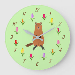 Niedliche Groundhog- und Tulip-Blume Große Wanduhr