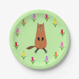 Niedliche Groundhog- und Tulip-Blume Pappteller