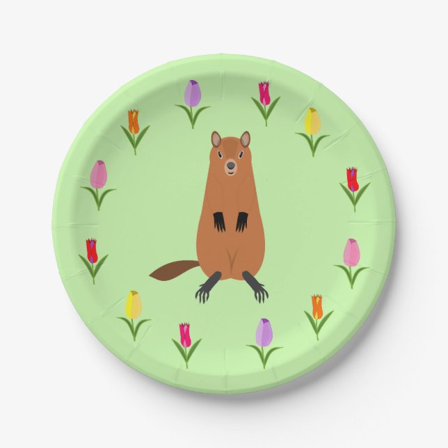 Niedliche Groundhog- und Tulip-Blume Pappteller (Vorderseite)