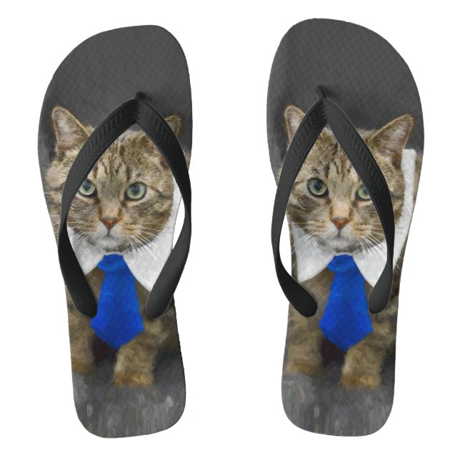 Niedliche grün-mit Augen braune Tabbykatze, die Flip Flops (Fußbett)