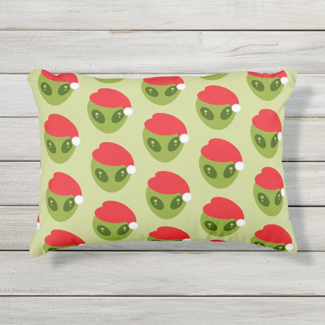 Niedliche grüne Alien in Weihnachtsmannmütze Muste Kissen Für Draußen (Vorderseite)