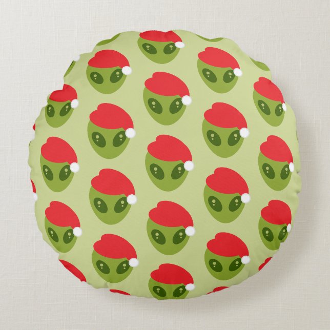 Niedliche grüne Alien in Weihnachtsmannmütze Muste Rundes Kissen (Vorderseite)
