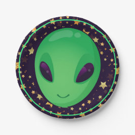 Niedliche grüne Alien über Gold-Stars-Spaß Pappteller