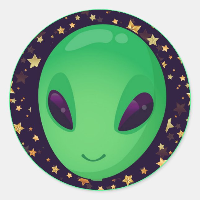 Niedliche grüne Alien über Goldene Sterne Spaß Runder Aufkleber (Vorderseite)