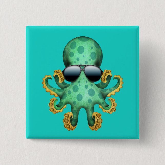 Niedliche grüne Baby-Kraken-tragende Sonnenbrillen Button (Vorderseite)