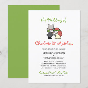 Niedliche grüne Cartoon Charaktere Whimsical Weddi Einladung