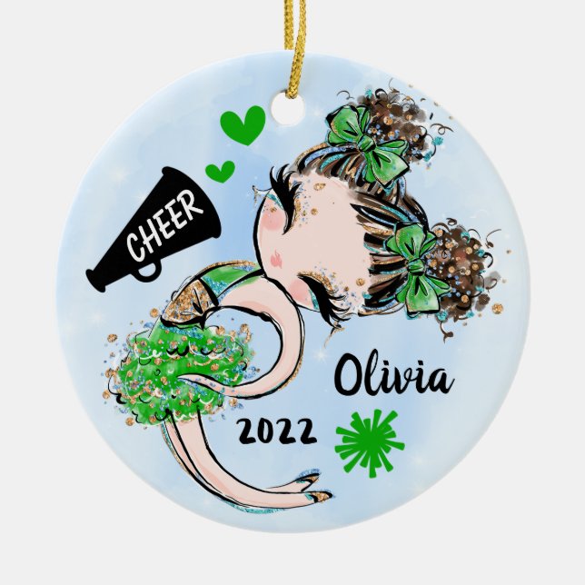 Niedliche Grüne Cheerleader Girl Ornament Braun Ha (Vorne)