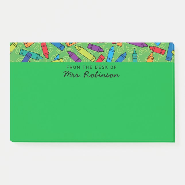 Niedliche grüne Crayons Lehrer aus dem Schreibtisc Post-it Klebezettel (Vorderseite)