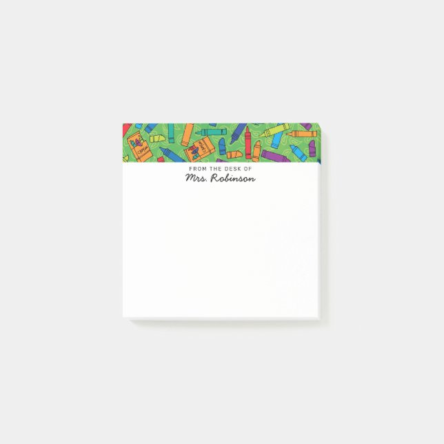 Niedliche grüne Crayons Lehrer aus dem Schreibtisc Post-it Klebezettel (Vorderseite)