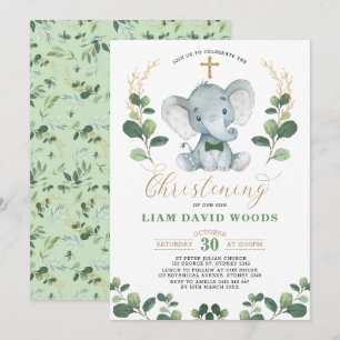 Niedliche Grüne Elefant Green Gold Christening Einladung