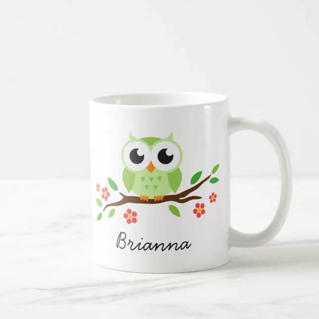 Niedliche grüne Eule auf personalisiertem Namen Kaffeetasse (Rechts)