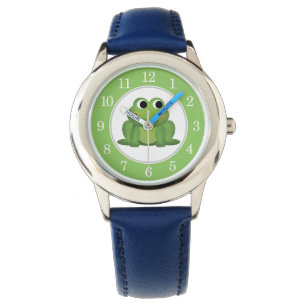 Niedliche grüne Froschkinder beobachten Armbanduhr