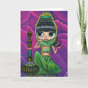 Niedliche grüne Genie Girl Big Eyes Puppen Magic F Karte