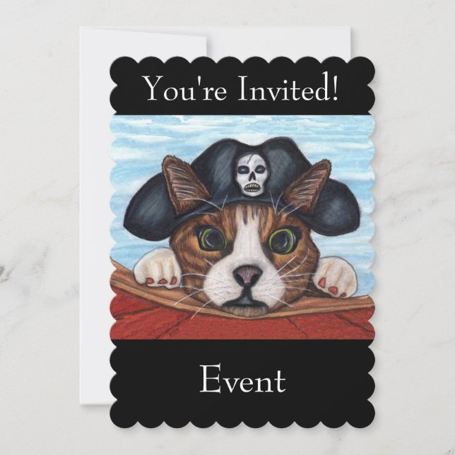 Niedliche grüne Mit Augen Katze in Black Pirate Ha Einladung (Vorderseite)
