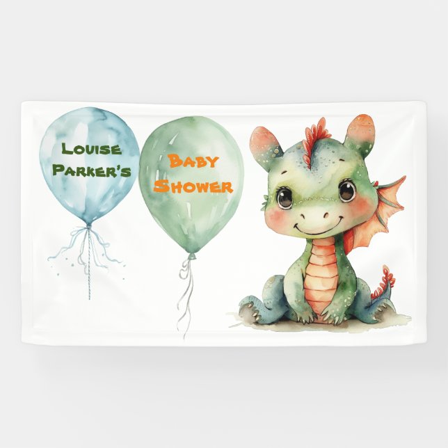 Niedliche grüne Orange Dragon Boy Babydusche Banner (Horizontal)