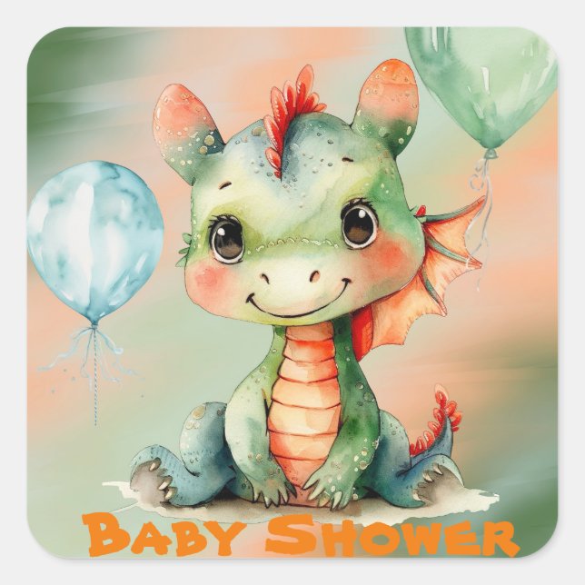 Niedliche grüne Orange Dragon Boy Babydusche Quadratischer Aufkleber (Vorderseite)