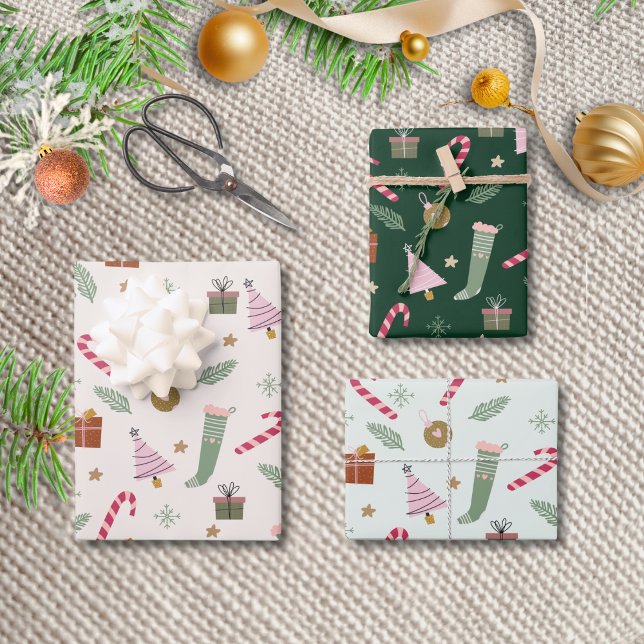 Niedliche Grüne Pastel Watercolor Weihnachtsmuster Geschenkpapier Set (Von Creator hochgeladen)