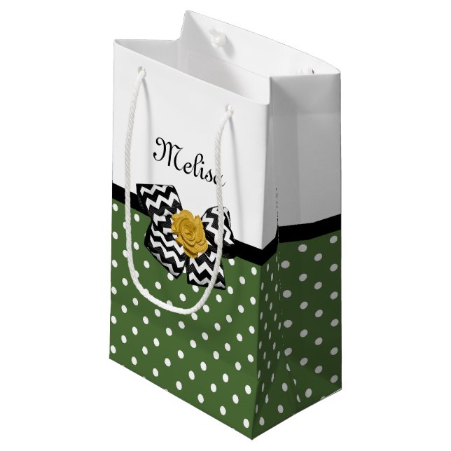 Niedliche grüne Punkte Gelbe Rose Zickzack Bow und Kleine Geschenktüte (Vorderseite Schrägansicht)