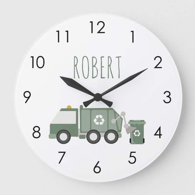 Niedliche grüne Recycelnd Lkw Kids Name Große Wanduhr (Vorderseite)