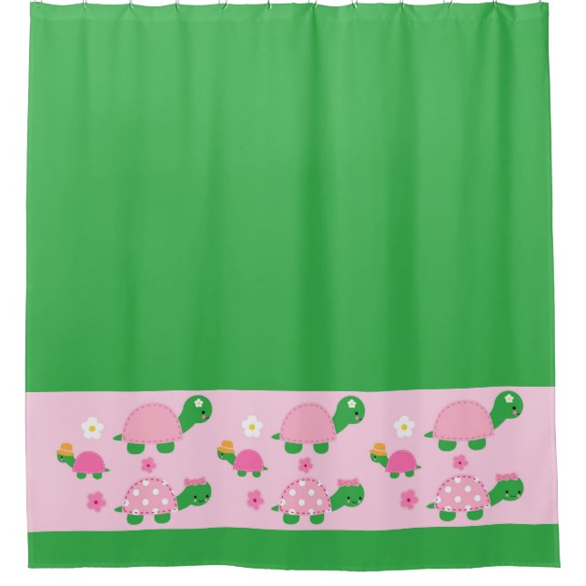 Niedliche grüne Schildkröte auf buntem Rosa Duschvorhang (Vorderseite)
