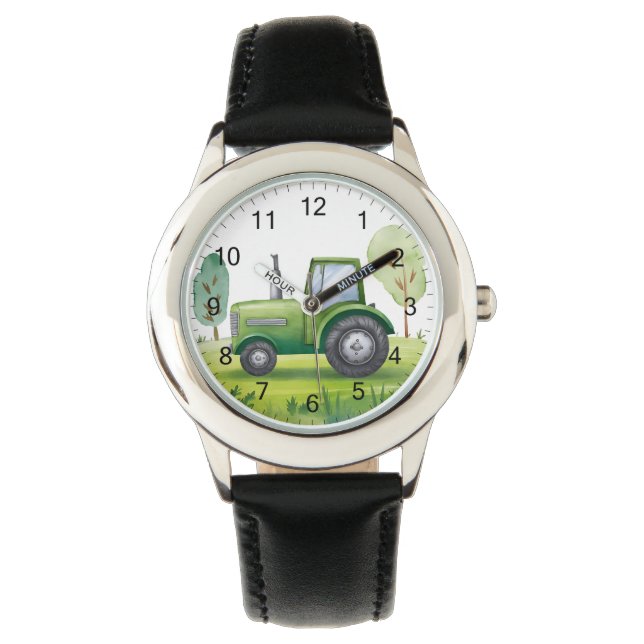 Niedliche Grüne Traktorfarm Wasserfarbe Kinder Armbanduhr (Vorderseite)