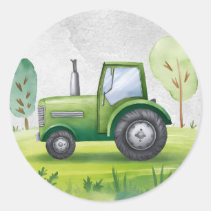 Niedliche Grüne Traktorfarm Wasserfarbe Kinder Runder Aufkleber