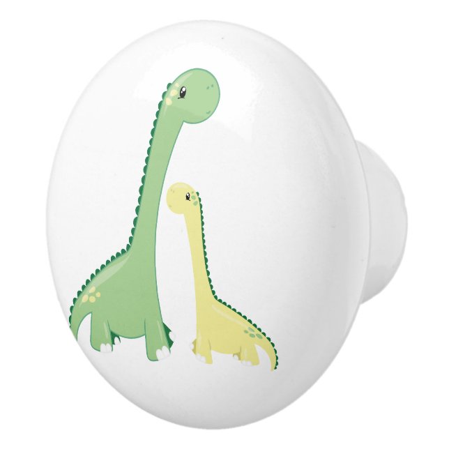Niedliche grüne und gelbe Brontosaurus-Dinosaurier Keramikknauf (Rechts)