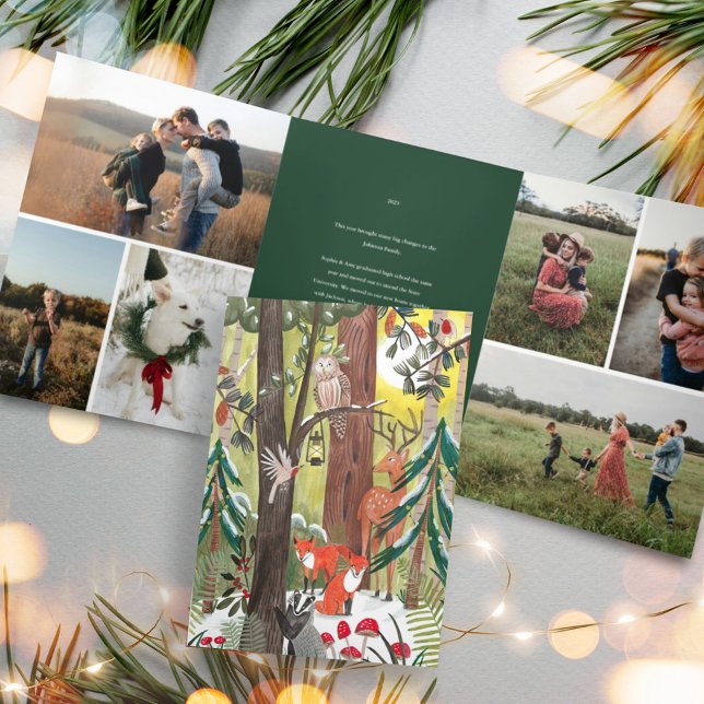 Niedliche Grüne Waldtiere Foto Weihnachten Dreifach Gefaltete Einladung (Cute Green Woodland Animals Family Photo Christmas Tri-Fold Invitation)
