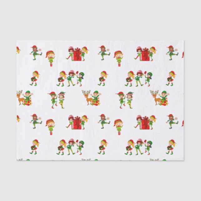 Niedliche Grüne Weihnachtselfen mit Geschenken Seidenpapier (Vorderseite)