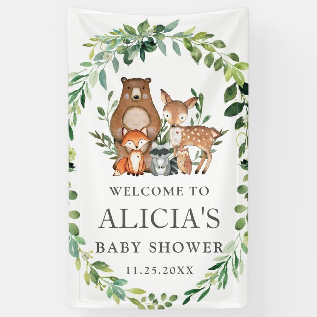 Niedliche Grünpflanze Woodland Tierbabydusche Hint Banner (Vertikal)