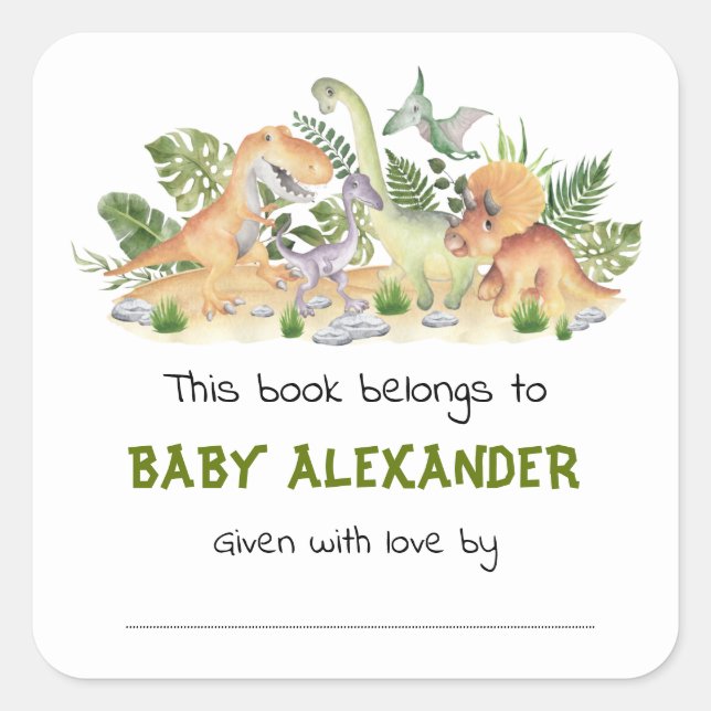 Niedliche Grünpflanzen Dinosaurier Baby Dusche Buc Quadratischer Aufkleber (Vorderseite)