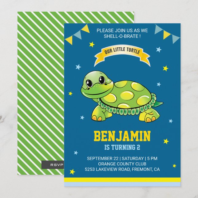 Niedliche Grünschildkröte-Kindergeburtstag-Party E Einladung (Vorne/Hinten)