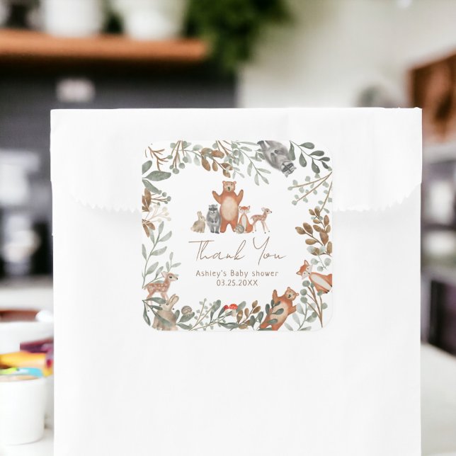Niedliche Grünwaldtiere Waldtiere Wälder Babydusch Quadratischer Aufkleber (Cute greenery forest animals woodland baby shower square sticker)