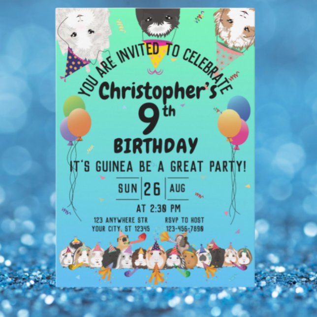Niedliche Guinea Schweine & Ballons Geburtstagspar Einladung (Von Creator hochgeladen)
