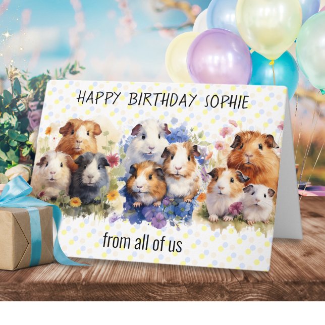 Niedliche Guinea Schweine glücklich zum Geburtstag Karte (A custom birthday card, picturing guinea pigs in a watercolor style, with 'from all of us' words)
