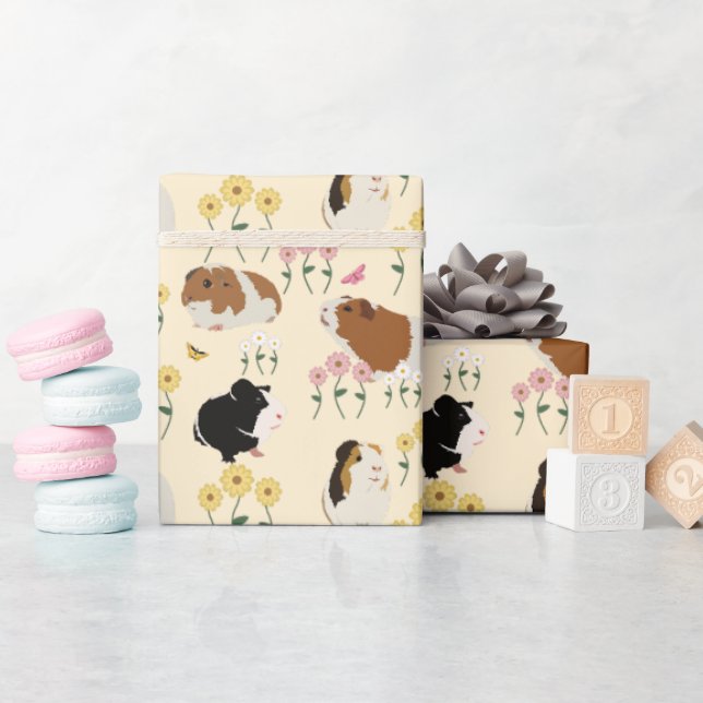 Niedliche Guinea Schweine im Blumengartenmuster -  Geschenkpapier (Babyparty)