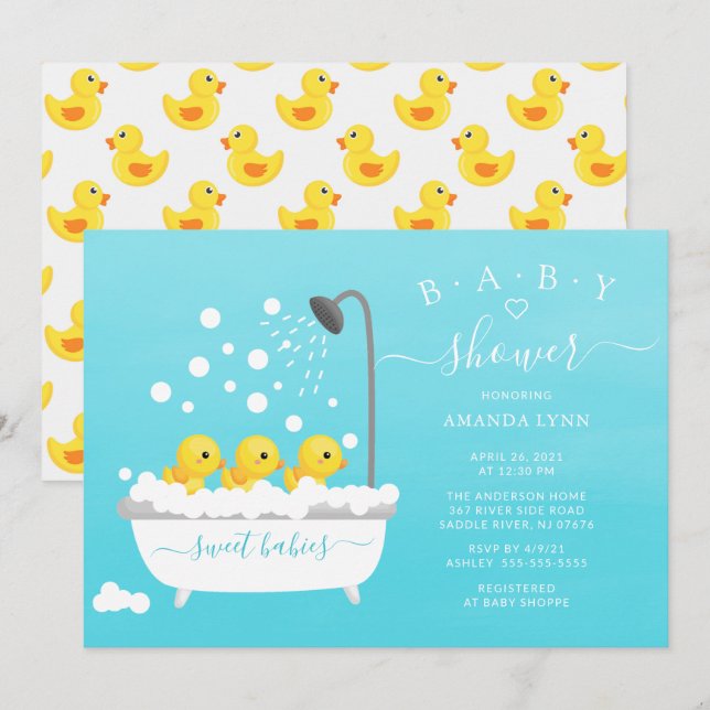 Niedliche Gummi Duck Triplets Babydusche Einladung (Vorne/Hinten)