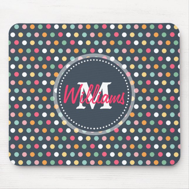 Niedliche, gürtelfarbige Monogramm-Polka-Punkte Mousepad (Vorne)