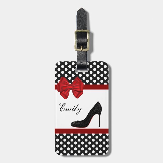 Niedliche, gürtelig-elegante High-Heel-Polka-Punkt Gepäckanhänger (Vorderseite vertikal)