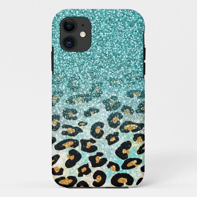 Niedliche, gürtnig hellblaue Imitate Glitzer Leopa Case-Mate iPhone Hülle (Rückseite)