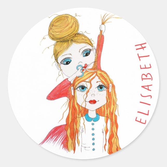 Niedliche Haarschnitt Whimsical Illustration Perso Runder Aufkleber (Vorderseite)