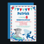 Niedliche Haie Einladung Funny Birthday Party<br><div class="desc">Eine goofy shais Geburtstagseinladung für Ihren Geburtstagskind oder Ihr Mädchen. Zwei lustige Haie mit niedlichem Punktrand und blauen,  roten und türkisfarbenen Fahnen. Geeignet für Groß und Klein: 1. 2. 4. 5. 6. 7. 9. 10. 11. 12.</div>