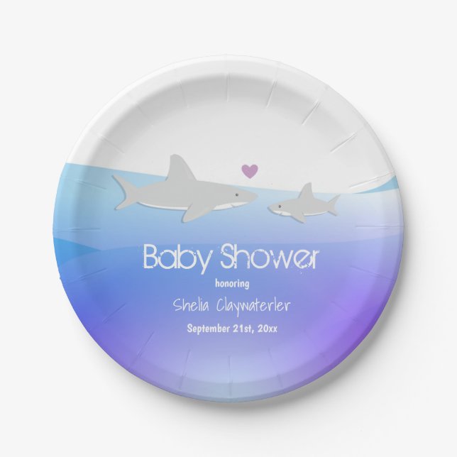 Niedliche Haie Lila Ozean | Babydusche Teller (Vorderseite)