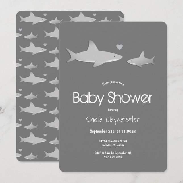 Niedliche Haie Solid Gray Vertical Baby Dusche Einladung (Vorne/Hinten)