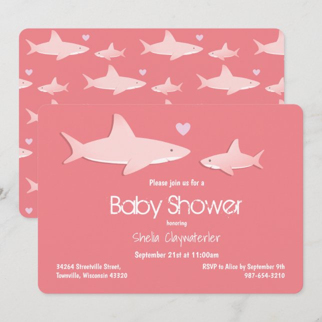 Niedliche Haie Solid Pink Background Babydusche Einladung (Vorne/Hinten)
