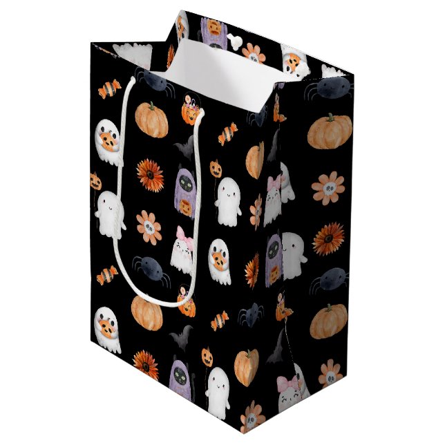 Niedliche Halloween Aquarellfarbe schwarz Mittlere Geschenktüte (Vorderseite Schrägansicht)