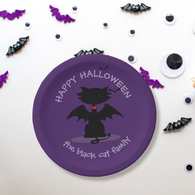 Niedliche Halloween Black Cat Bat Wings Paper-Tell Pappteller (Purrfect paper plates for your black cat themed Halloween Party. Just add your family name)