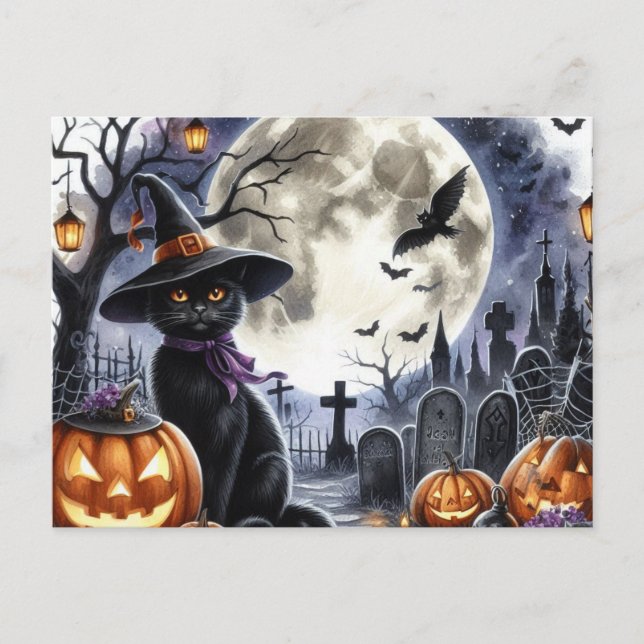 Niedliche Halloween Black Cat Postcard Postkarte (Vorderseite)
