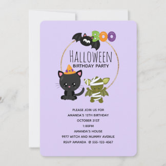Niedliche Halloween Cat, Bat & Mummy Boo Geburtsta Einladung